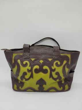 Labrado Leather Bag Brown Green Leather Shoulder Tote Bag Tooled Pockets Western